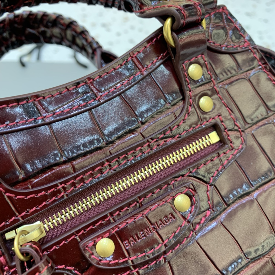 Balenciaga Neo Classic Mini Handbag Crocodile Embossed Shoulder Bag Burgundy